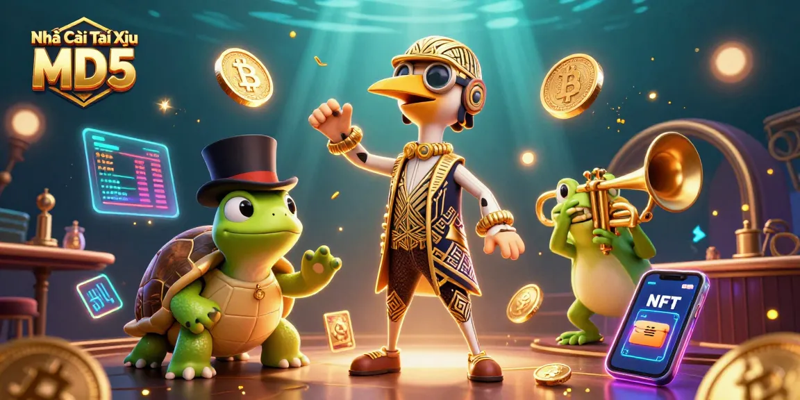 Engage with Nhà Cái Tài Xỉu MD5's thrilling gaming experience featuring vibrant characters and crypto themes.