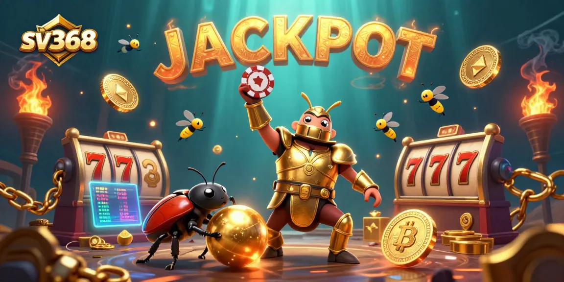 Win big with sv368 as a heroic beetle celebrates a jackpot with vibrant casino elements.