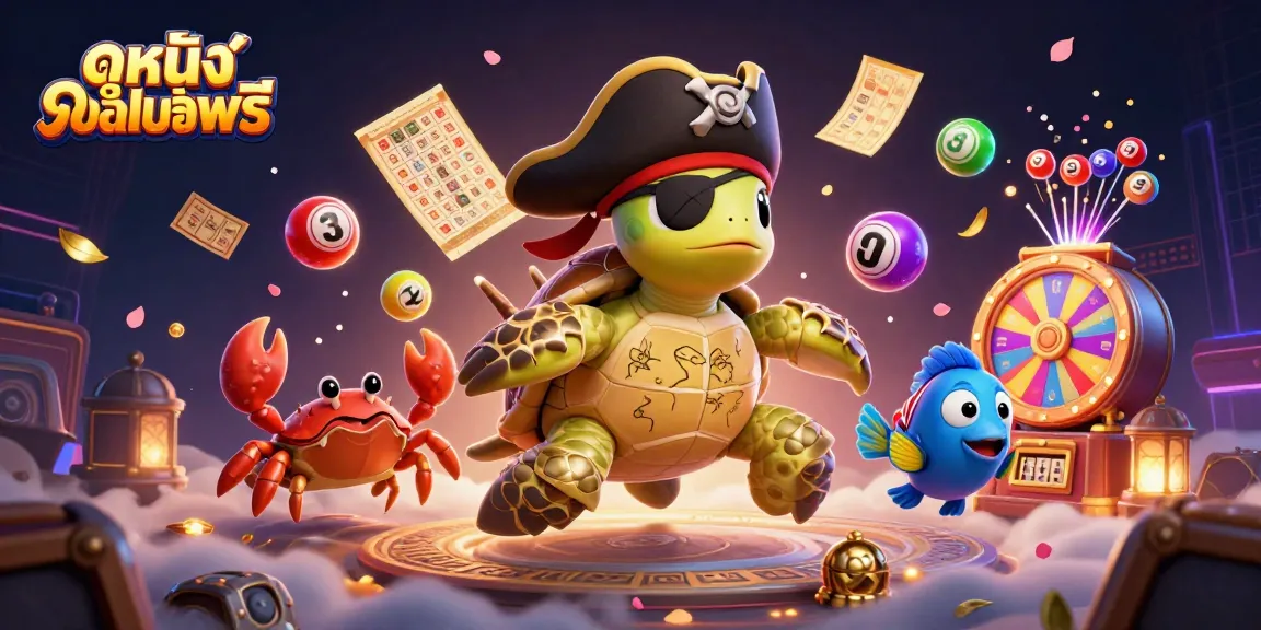Experience ดูหนังออนไลน์ฟรี with an exciting illustration of pirate characters amidst vibrant gambling elements.