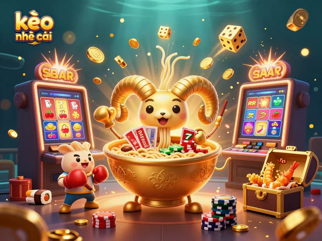 Engaging scene where kèo nhà cái features a giant ramen bowl dealing cards amid a thrilling casino atmosphere.