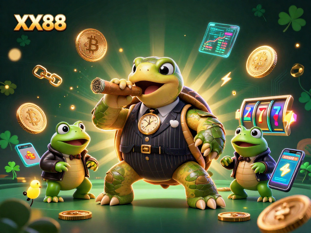 Engage with XX88's vibrant crypto casino scene featuring a turtle mobster and bullfrog enforcers.