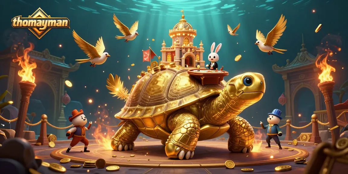 Experience thrilling rewards with thomayman at the vibrant illustrated casino scene featuring a golden tortoise and rabbit dealer.