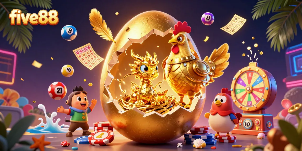Experience the excitement of five88 with a golden dragon amid vibrant casino elements.