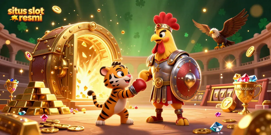 Spin the reels on situs slot resmi with a vibrant illustration of a gladiator rooster, treasure vaults, and sparkling jewels.