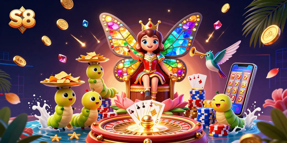 S8 engages viewers with rich casino-themed visuals featuring a majestic butterfly queen, vibrant elements, and dazzling slot machine action.