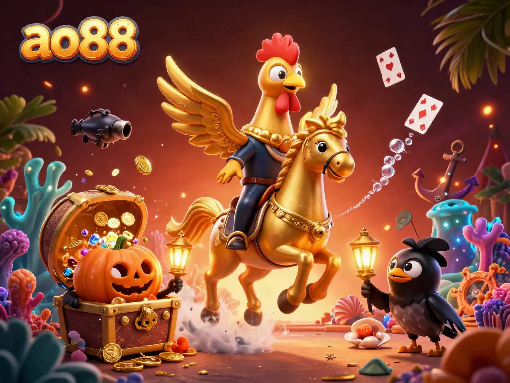 Experience thrilling gaming action at ao88 with a dynamic 3D cartoon casino scene filled with gold and fun.