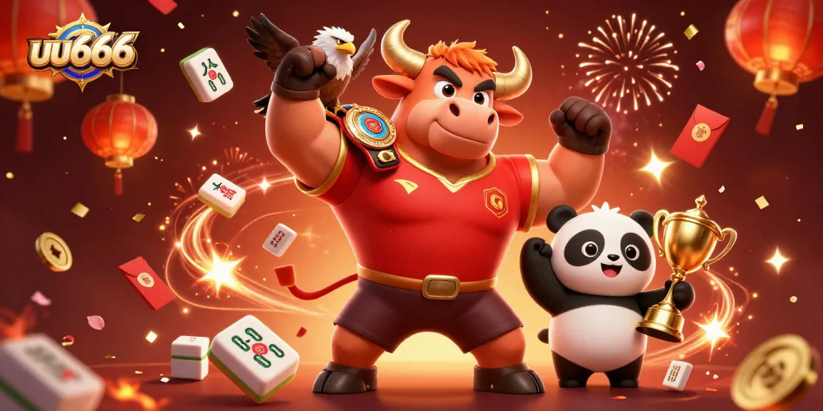 Experience the thrill of uu666 with a victorious bull mascot celebrating amidst casino elements.