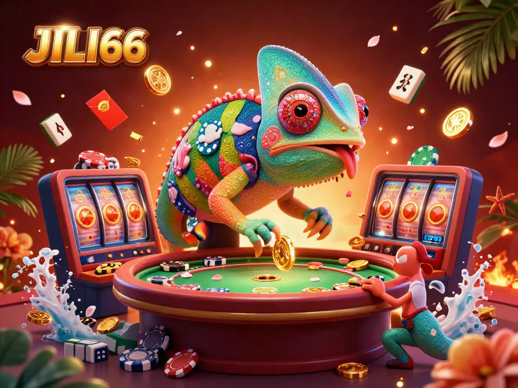 Experience the vibrant world of JILI66 with an animated chameleon casino owner and dynamic gaming elements.