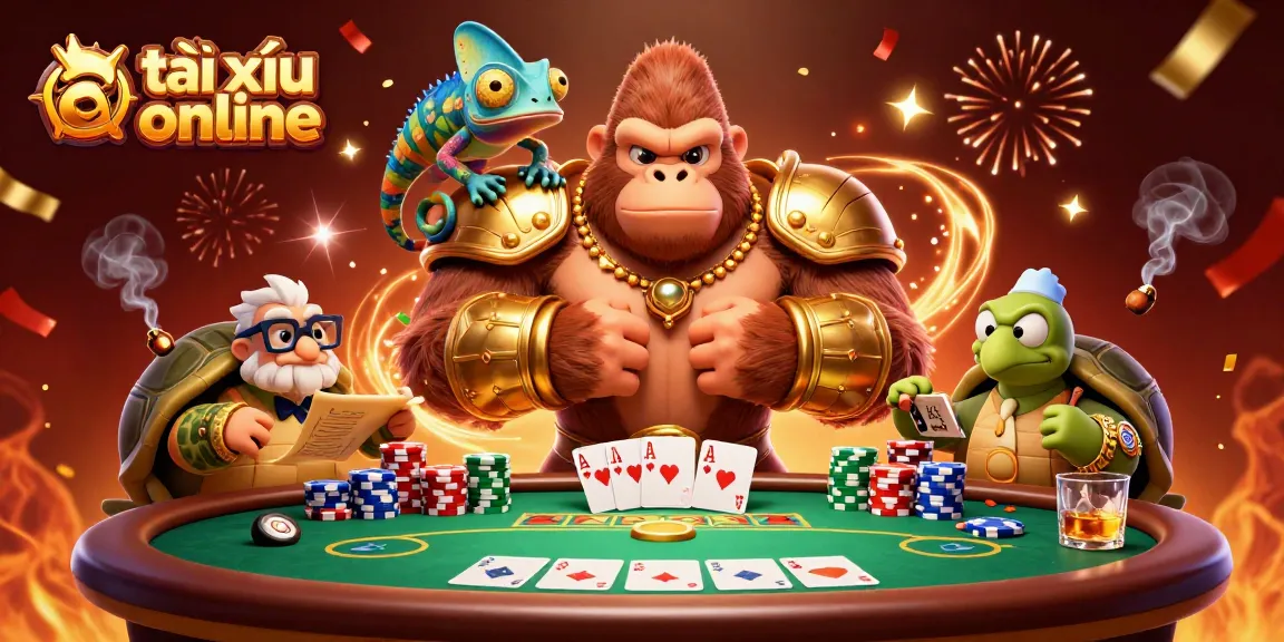 Engage in thrilling tài xỉu online gameplay with a chaotic casino scene featuring vibrant characters and poker action.