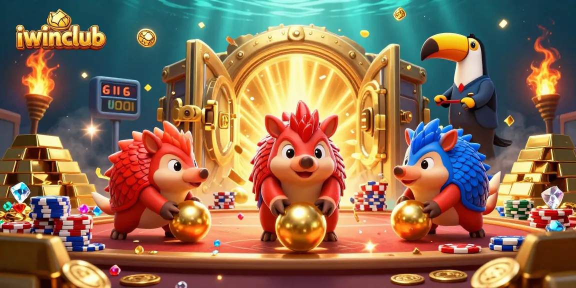 iwinclub pangolins bowling through poker chips in a vibrant casino scene filled with gold and jewels
