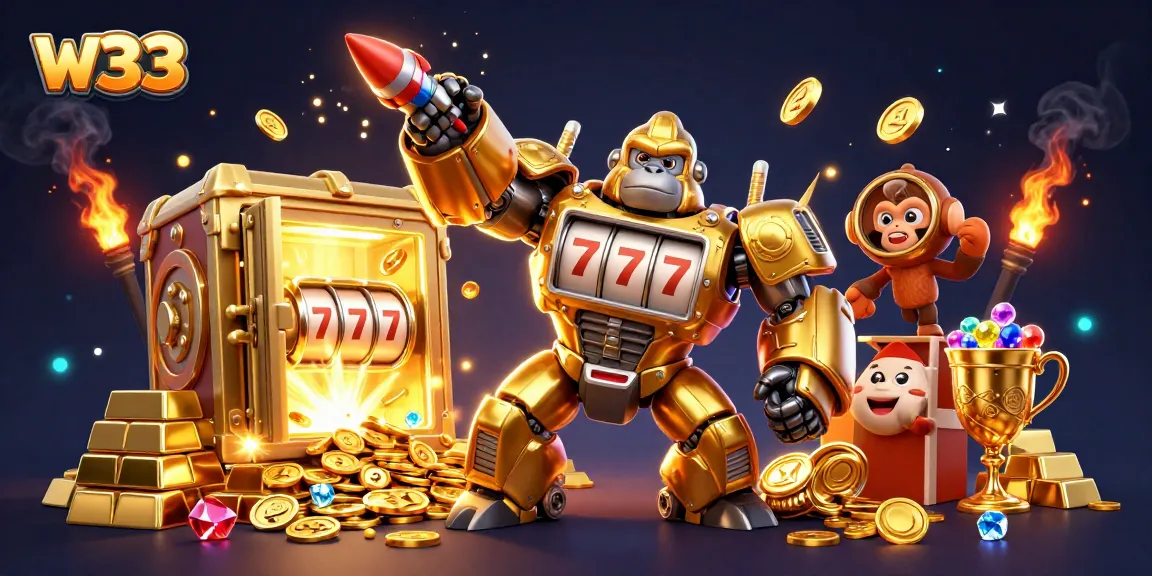 Engage with w33's golden gorilla mech slot machine as it unleashes coins and excitement.
