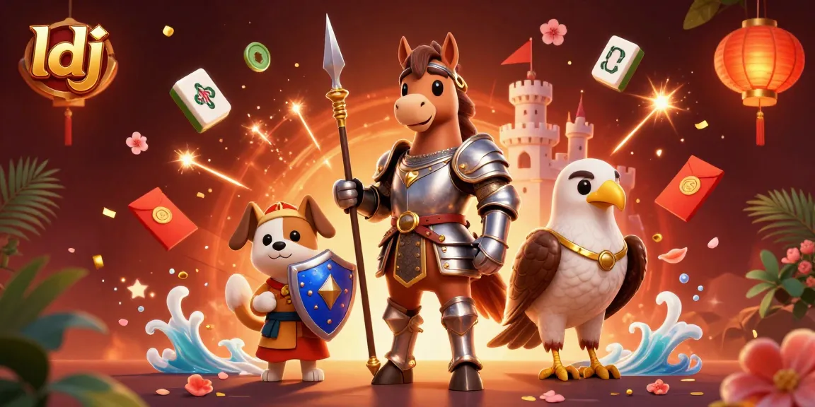 Engage with ldj's thrilling gaming world featuring a knight, puppy, and falcon in a vibrant scene.