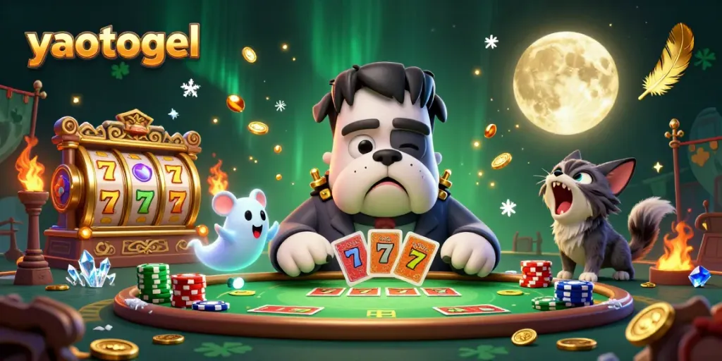 yaotogel gaming scene with a Frankenstein bulldog dealing cards amidst vibrant casino elements.