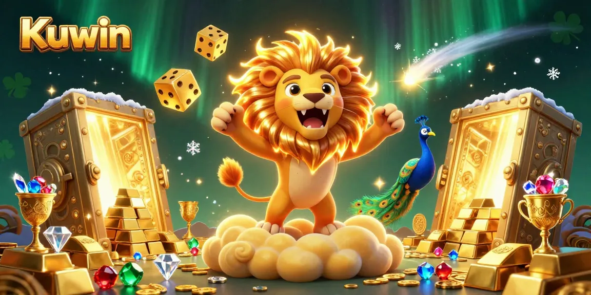 Kuwin's thrilling gaming experience features a cartoon sun lion and golden dice amid dazzling treasures.