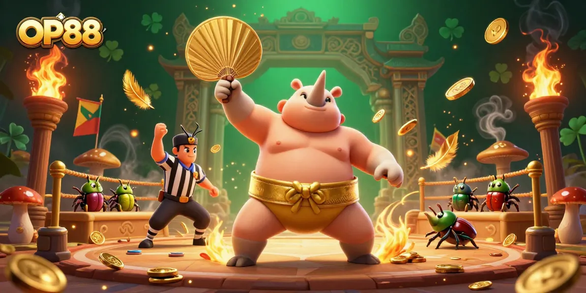 OP88's dynamic gaming scene showcases a rhinoceros beetle champion, flying coins, and an engaging atmosphere.