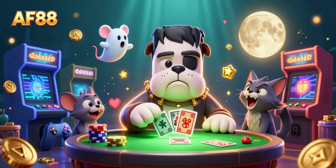 Engage in thrilling gameplay at AF88 with a Frankenstein bulldog dealer, ghost mouse, and werewolf kitten.