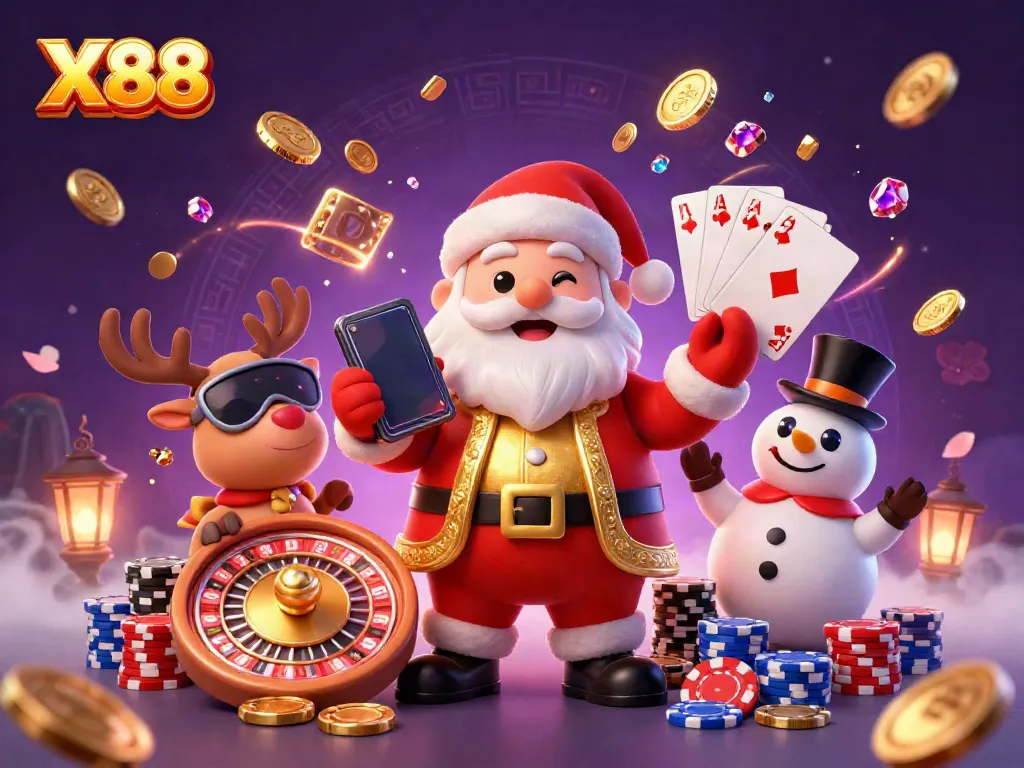 X88 offers a festive casino experience featuring Santa and friends by the slot machine.