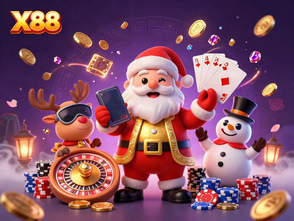 X88 offers a festive casino experience featuring Santa and friends by the slot machine.