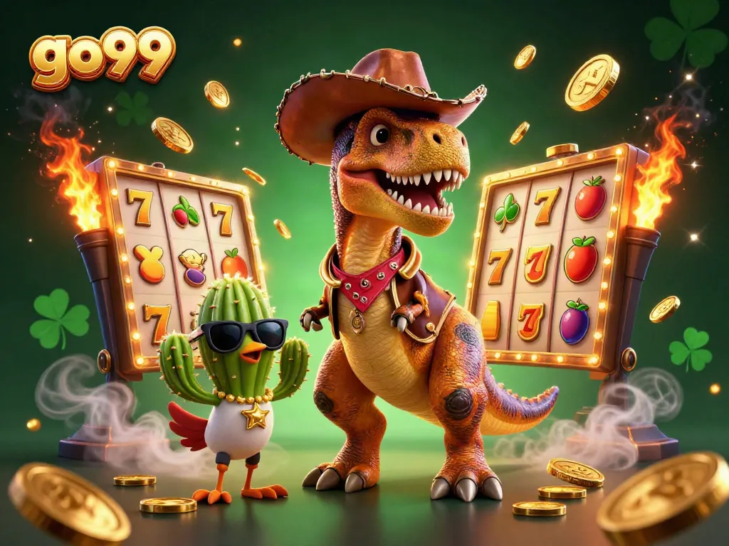 Experience the thrill of go99 with a dynamic T-Rex and casino symbols in action.