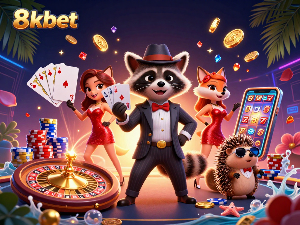 Experience thrilling wins at 8xbet with charming characters and vibrant casino elements in this dynamic illustration.