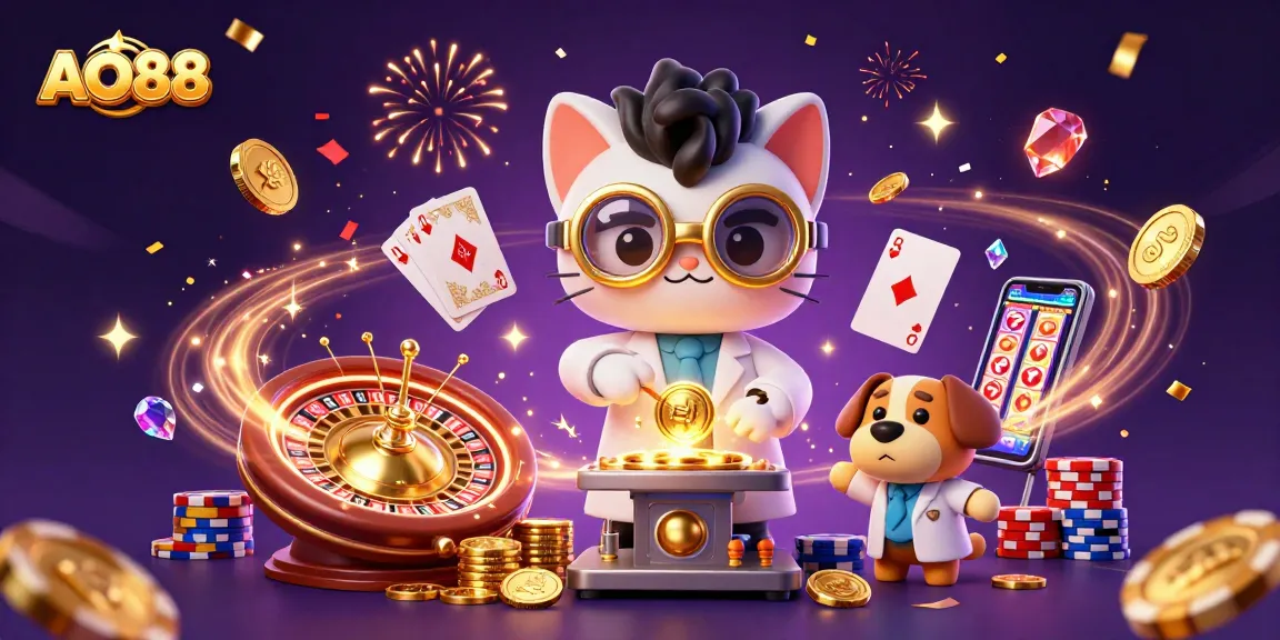 Experience the excitement of AO88 with golden coins and jackpot winnings in an amazing casino scene.