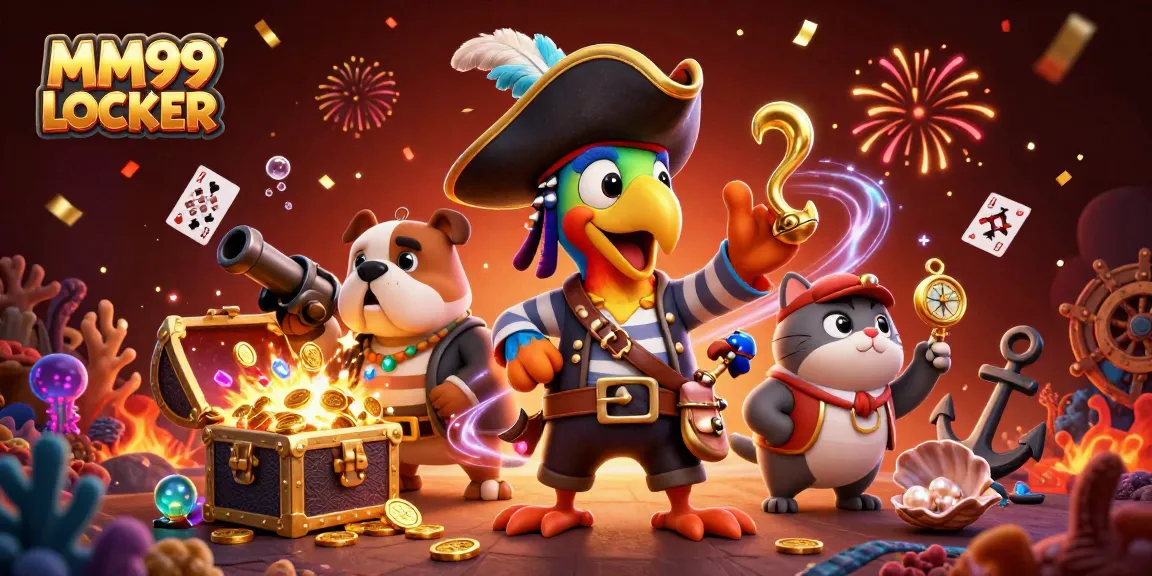 Experience excitement in MM99 LOCKER as the pirate captain leads a treasure hunt in a vibrant casino scene.