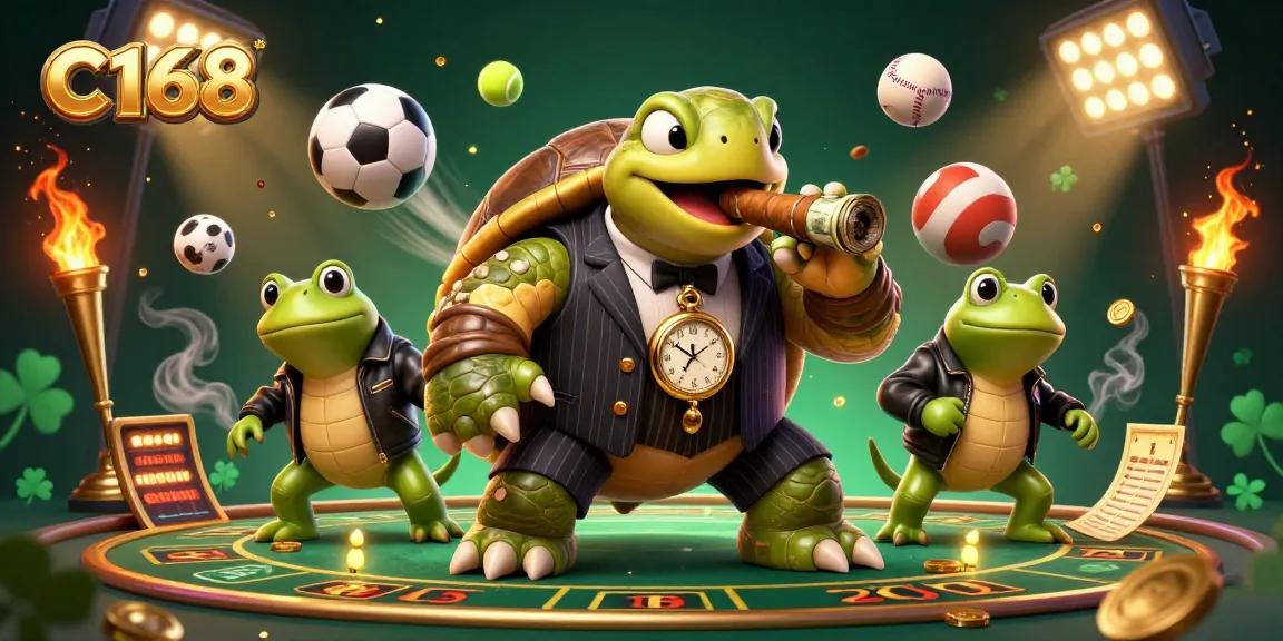 C168 elevates gaming excitement with massive snapping turtle mobster and bullfrog flanking in a vibrant casino scene.