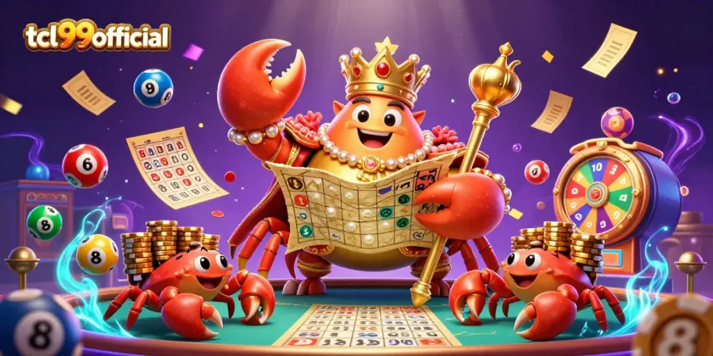 Engage with tcl99official's vibrant gambling scene featuring a golden crab emperor and dynamic gaming elements.