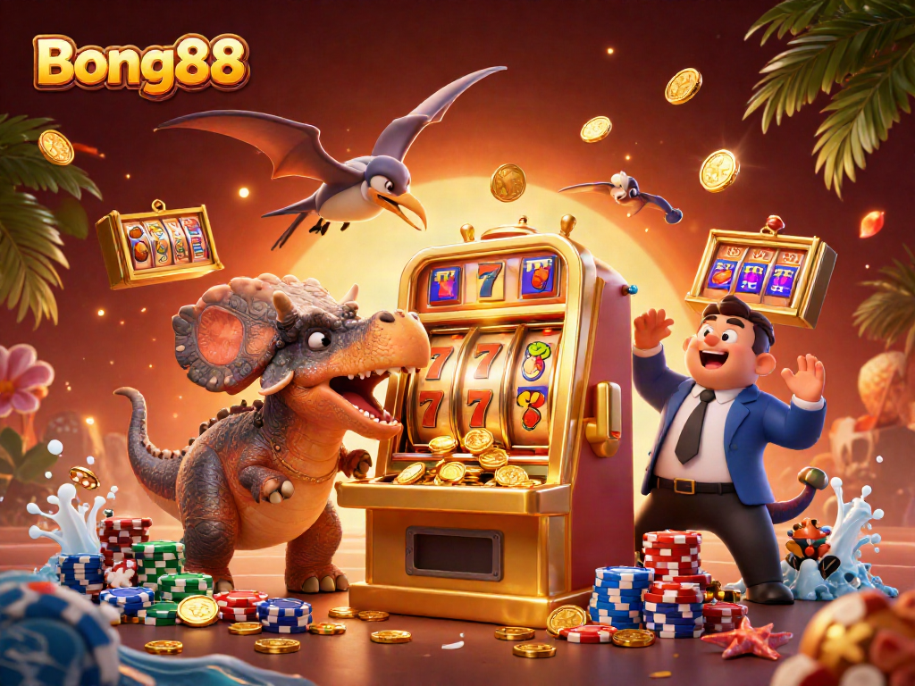 Bong88's exciting online casino scene featuring dinosaurs celebrating jackpot wins and gambling action.