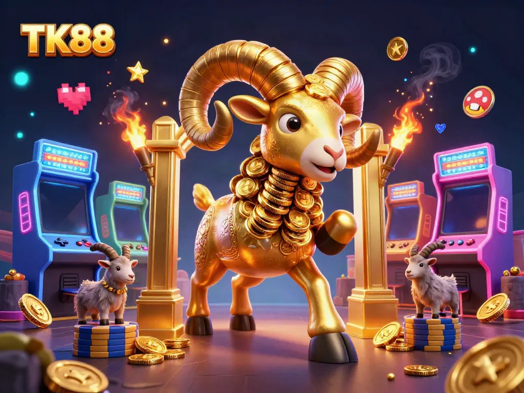 Experience thrilling gaming with TK88's dynamic golden ram scene, vibrant arcade elements, and casino excitement.