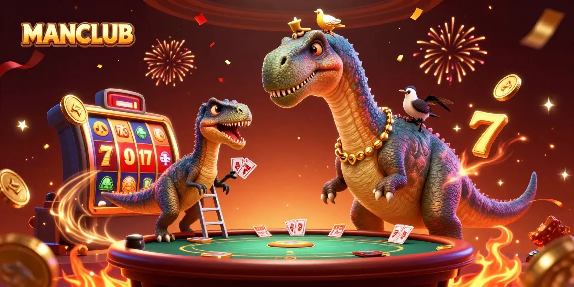 Experience the thrill at MANCLUB with a colossal brontosaurus amidst vibrant casino games.