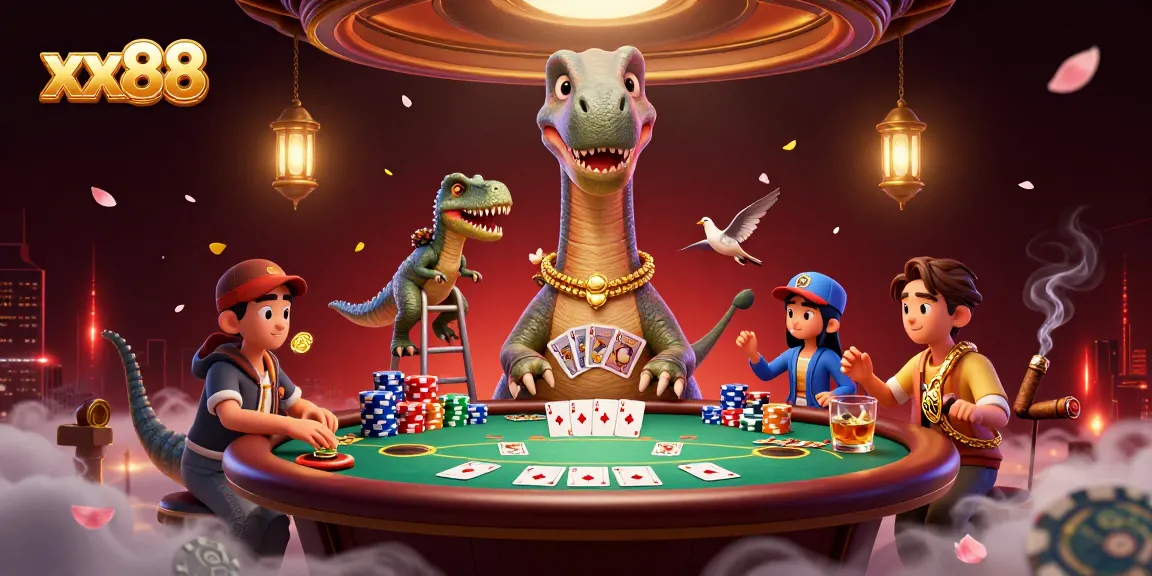 Engage in thrilling gambling adventures at xx88 with a vibrant poker scene featuring unique characters.